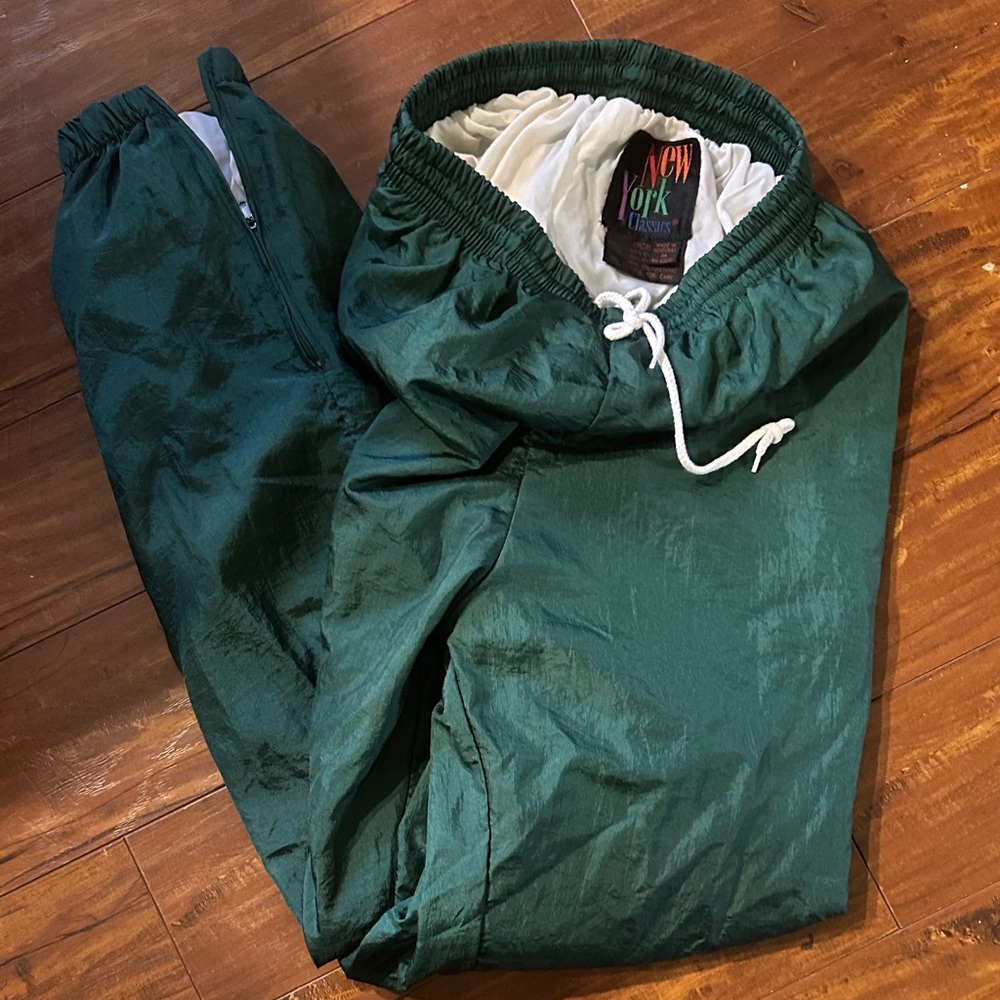 Vintage New York Classics Lined Nylon elastic waist pants Green drawstring M